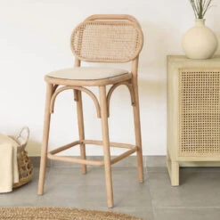 DORIANE Lot De 2 Tabourets De Bar En Chêne Et Rotin