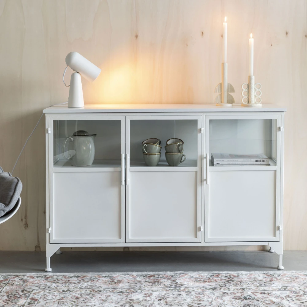 MIYA Buffet 3 Portes En Verre Et Métal L120cm 11 MIYA Buffet 3 Portes En Verre Et Métal L120cm – Image 9