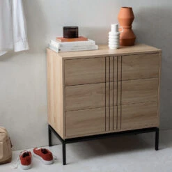 KROKOM Commode 3 Tiroirs En Bois Et Métal L80cm