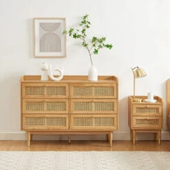 BOMBONG Commode 6 Tiroirs En Bois Et Cannage L120cm