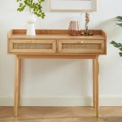 BOMBONG Console 2 Tiroirs En Bois Et Cannage L100cm