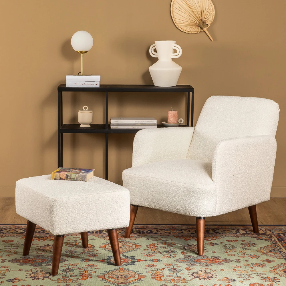 BROOKS Fauteuil Rétro En Tissu Bouclette Pieds Bois Foncé 3 BROOKS Fauteuil Rétro En Tissu Bouclette Pieds Bois Foncé