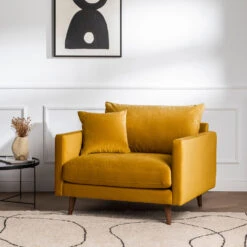 Meubles Soldes Magasin 37 VILLABON Fauteuil XL En Velours Pieds Bois Foncé