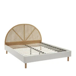 TAJUR Lit En Tissu Bouclette Et Cannage 140x190cm -Meubles Soldes Magasin lit en tissu bouclette et cannage 140x190cm tajur 2