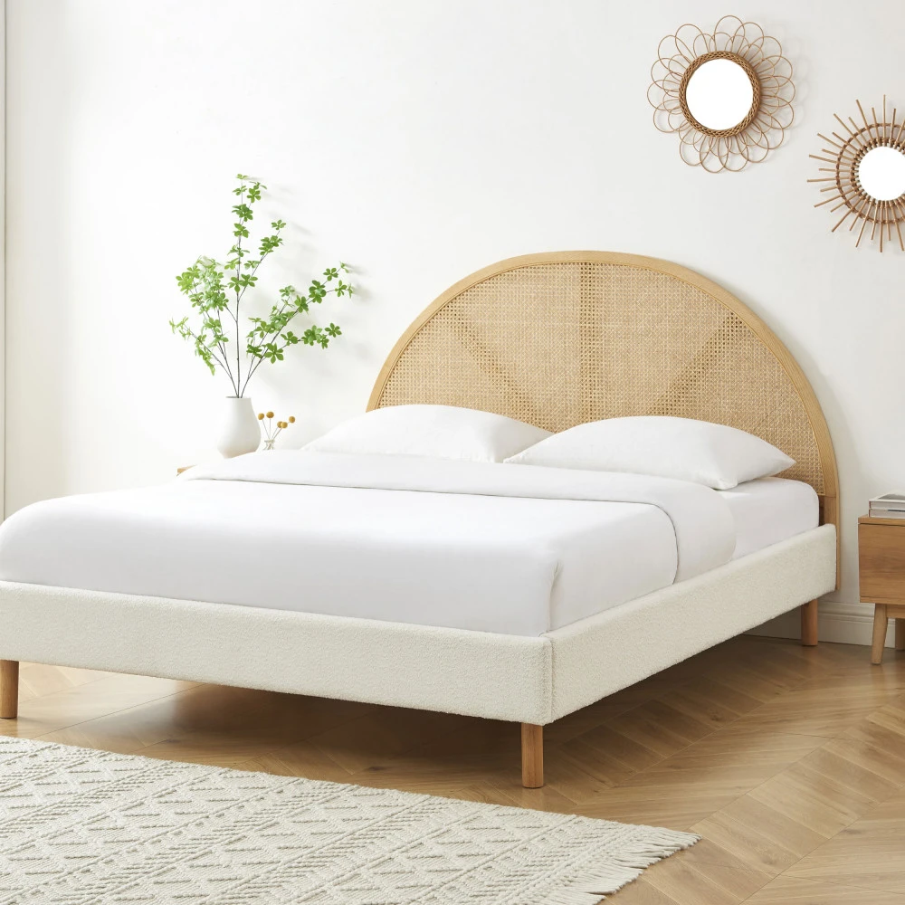 TAJUR Lit En Tissu Bouclette Et Cannage 160x200cm 8 TAJUR Lit En Tissu Bouclette Et Cannage 160x200cm – Image 6