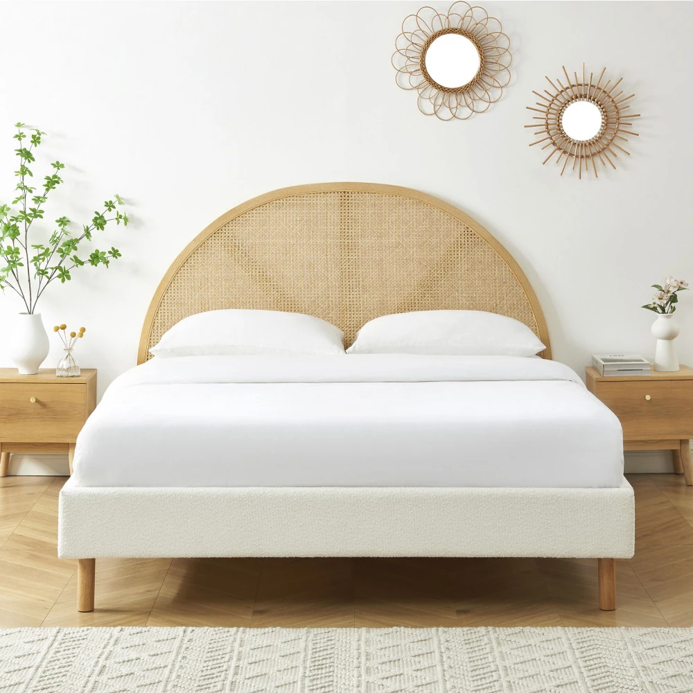 TAJUR Lit En Tissu Bouclette Et Cannage 160x200cm 3 TAJUR Lit En Tissu Bouclette Et Cannage 160x200cm