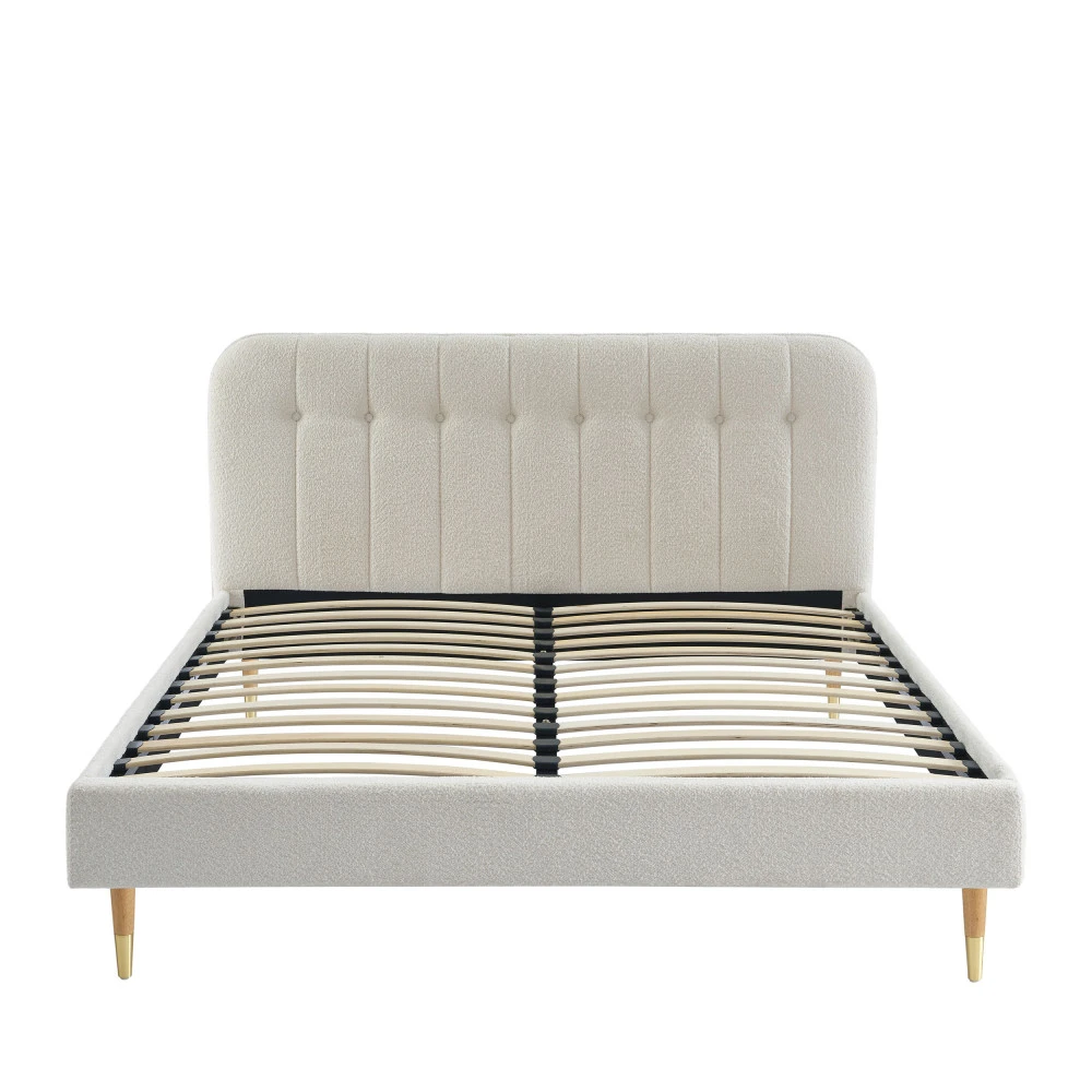 TORGO Lit Matelassé En Tissu Bouclette Pieds Bois Clair 160x200cm 4 TORGO Lit Matelassé En Tissu Bouclette Pieds Bois Clair 160x200cm – Image 2