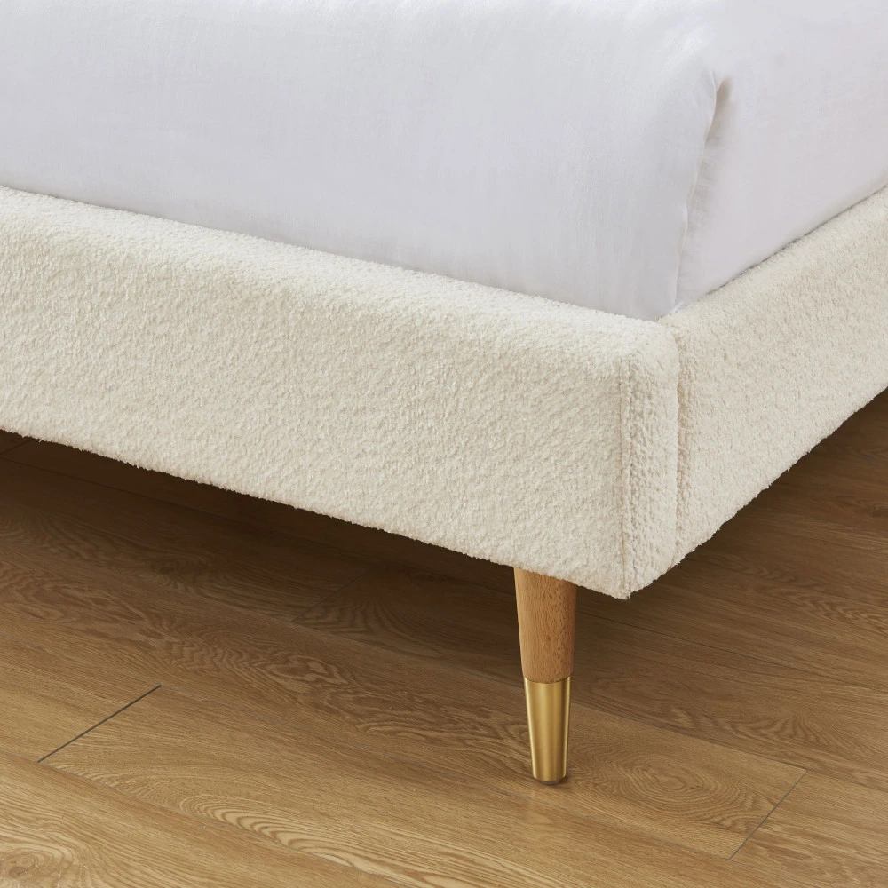 TORGO Lit Matelassé En Tissu Bouclette Pieds Bois Clair 160x200cm 8 TORGO Lit Matelassé En Tissu Bouclette Pieds Bois Clair 160x200cm – Image 6