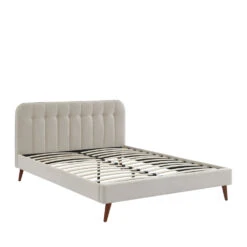 TORGO Lit Matelassé En Velours Piètement Bois Foncé 160x200cm -Meubles Soldes Magasin lit matelasse velours pietement bois fonce 160x200cm torgo 2