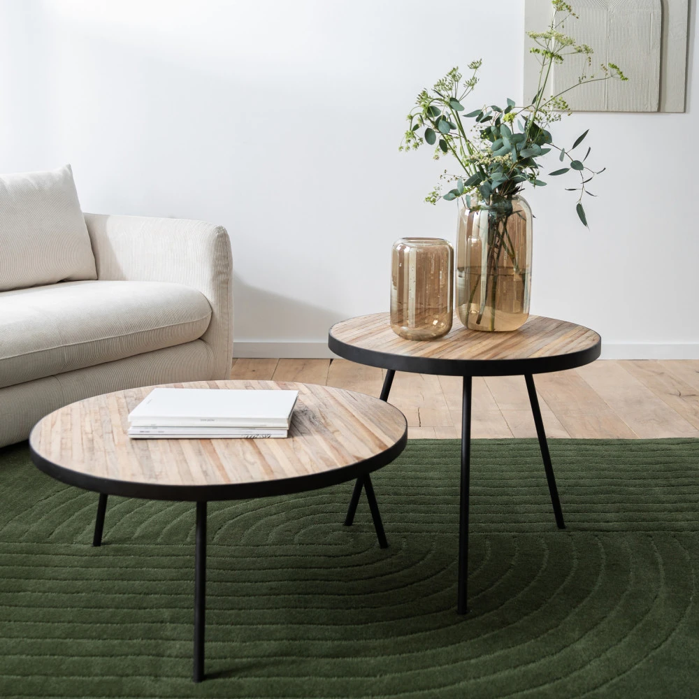 TARAKAN Lot De 2 Tables Basses Rondes En Teck Recyclé Et Métal ø74-58cm 3 TARAKAN Lot De 2 Tables Basses Rondes En Teck Recyclé Et Métal ø74-58cm