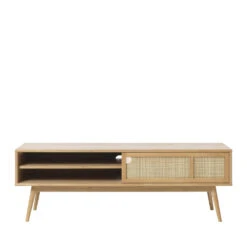 KIYO Meuble Tv 2 Portes En Bois Et Rotin L150cm