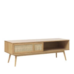 KIYO Meuble Tv 2 Portes En Bois Et Rotin L150cm -Meubles Soldes Magasin meuble tv 2 portes bois rotin l150cm kiyo 3