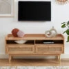 BOMBONG Meuble TV 2 Tiroirs En Bois Et Cannage L120cm -Meubles Soldes Magasin meuble tv 2 tiroirs bois cannage l120cm bombong