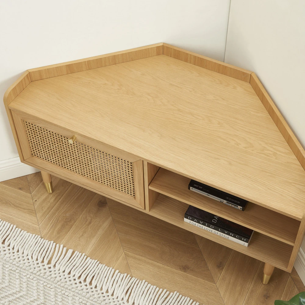 BOMBONG Meuble Tv D'angle En Bois Et Cannage L120cm 7 BOMBONG Meuble Tv D'angle En Bois Et Cannage L120cm – Image 5