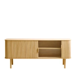 CALLAN Meuble TV Aux Portes Coulissantes En Bois Strié L160cm -Meubles Soldes Magasin meuble tv portes coulissantes bois strie l160cm callan 2