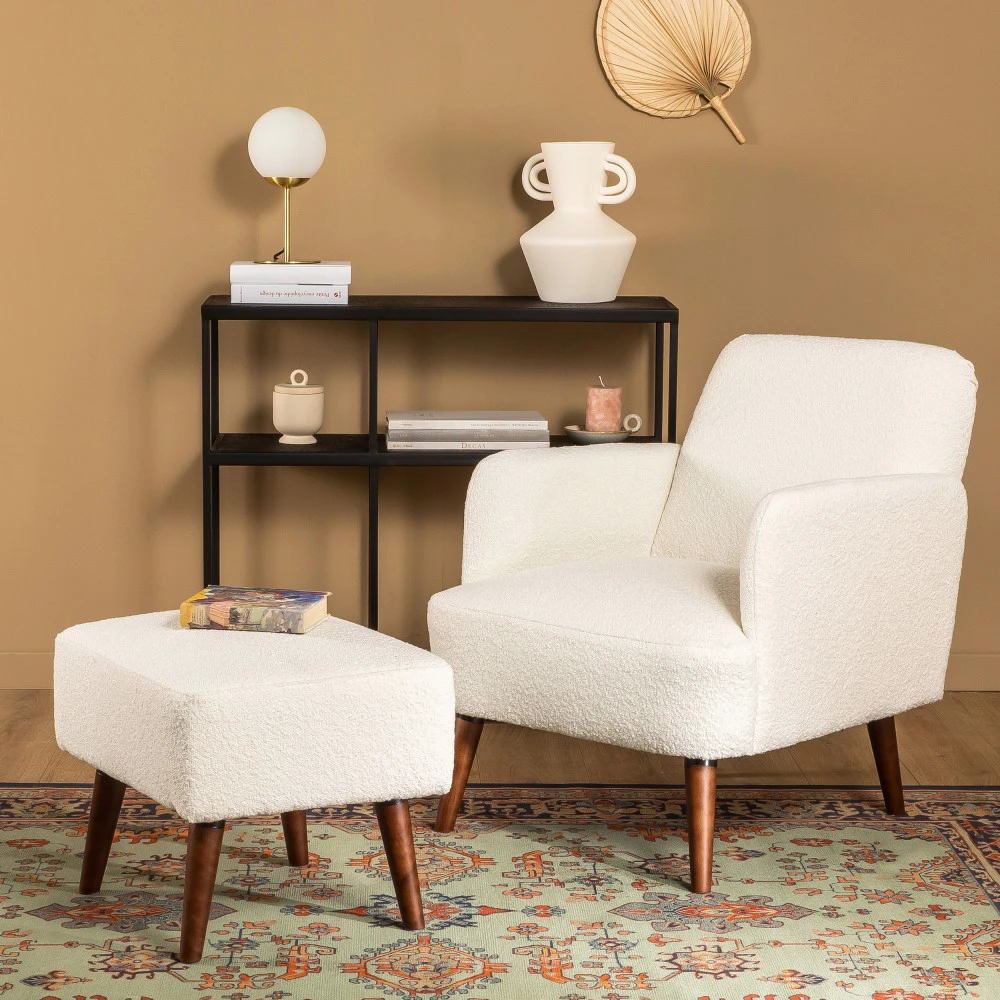 BAHO Repose-pieds En Tissu Bouclette Pieds Bois Foncé 3 BAHO Repose-pieds En Tissu Bouclette Pieds Bois Foncé