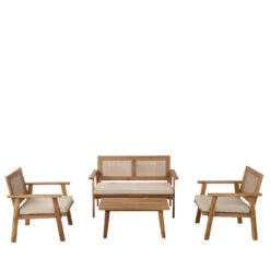 NORA Salon De Jardin 1 Canapé, 2 Fauteuils Et 1 Table Basse En Bois D'acacia Et Cannage -Meubles Soldes Magasin salon de jardin 1 canape 2 fauteuils 1 table basse bois acacia cannage nora 1