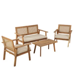 NORA Salon De Jardin 1 Canapé, 2 Fauteuils Et 1 Table Basse En Bois D'acacia Et Cannage -Meubles Soldes Magasin salon de jardin 1 canape 2 fauteuils 1 table basse bois acacia cannage nora 2