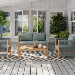 REEM Salon De Jardin 1 Canapé, 2 Fauteuils Et 1 Table Basse En Bois D'acacia Et Corde