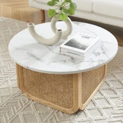 BOMBONG Table Basse Ronde Effet Marbre Et Cannage ø80cm -Meubles Soldes Magasin table basse ronde effet marbre cannage 80cm bombong 5