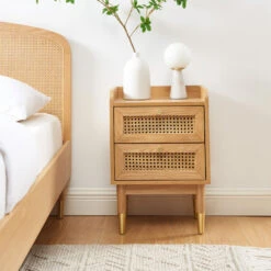 BOMBONG Table De Chevet 2 Tiroirs En Bois Et Cannage